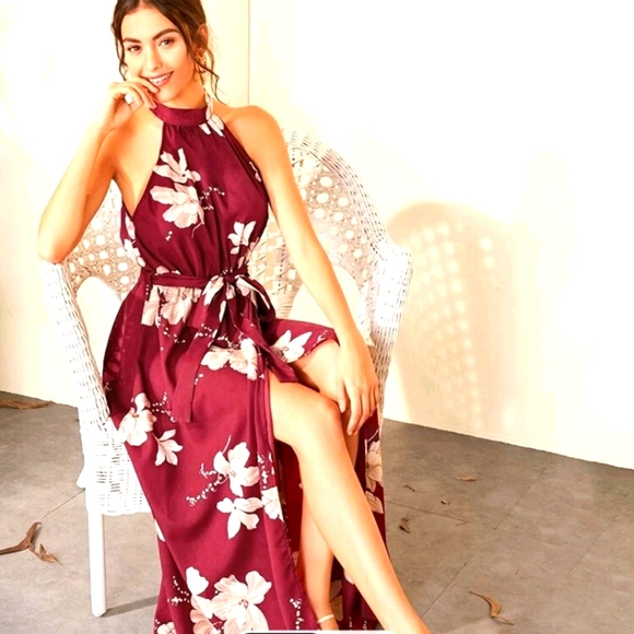 SHEIN Floral Print Wrap Hem BeltedHalter Dress - Picture 1 of 1